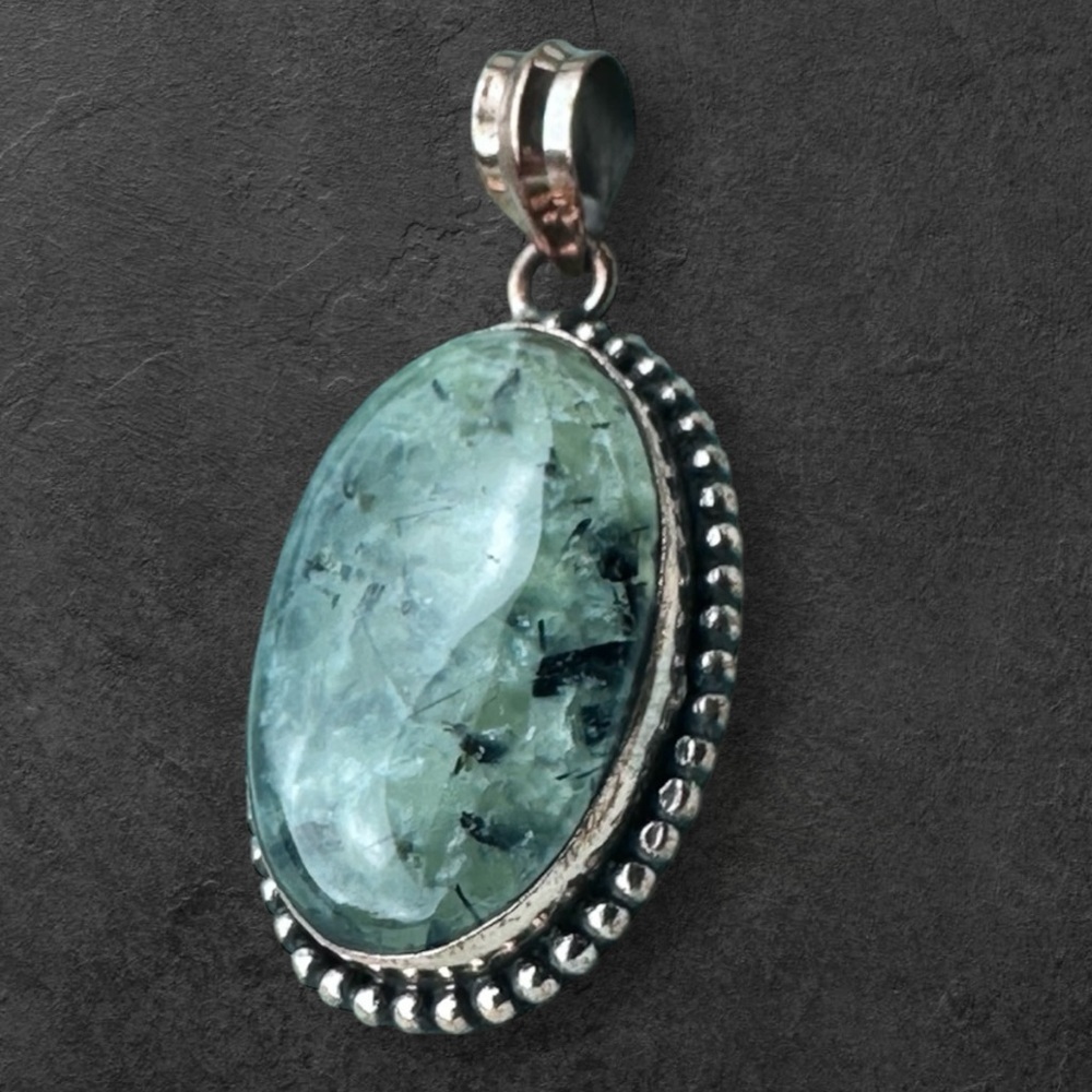 Hand Crafted Oval Pendant Artisan Jewelry Green Prehnite Rose Gold Tone Bezel